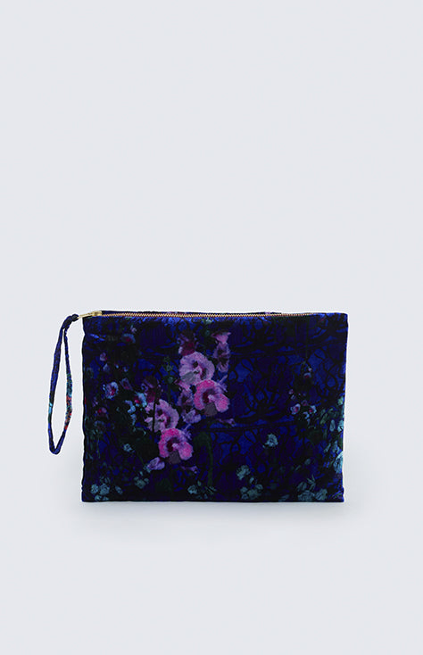 Bolso azul de terciopelo, Estampado "Floral sobre encaje"
