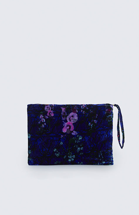 Bolso azul de terciopelo, Estampado "Floral sobre encaje"