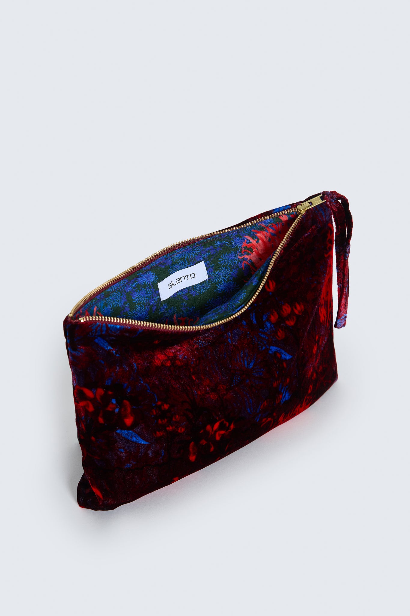 Bolso azul carmín de terciopelo, Estampado "Floral sobre encaje"