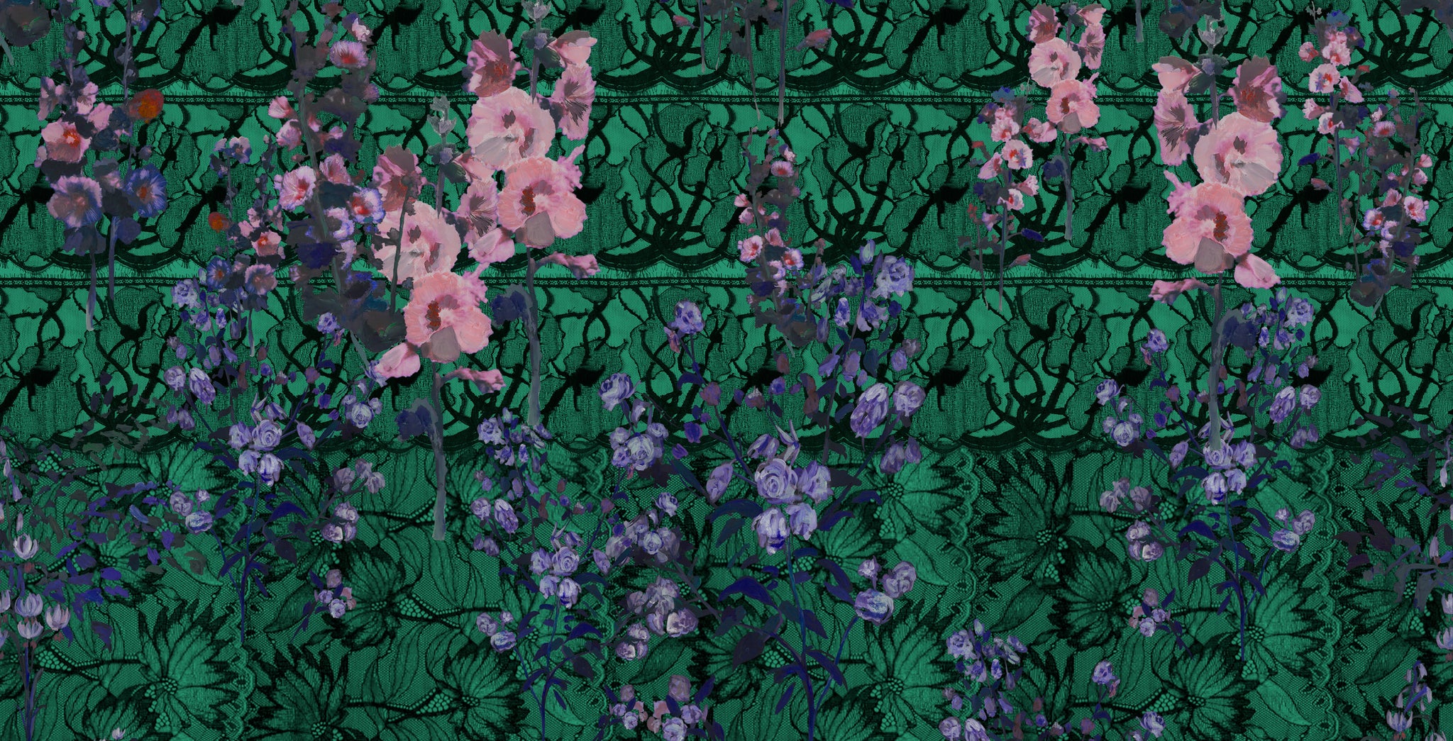 Bolso verde de terciopelo, Estampado "Floral sobre encaje"