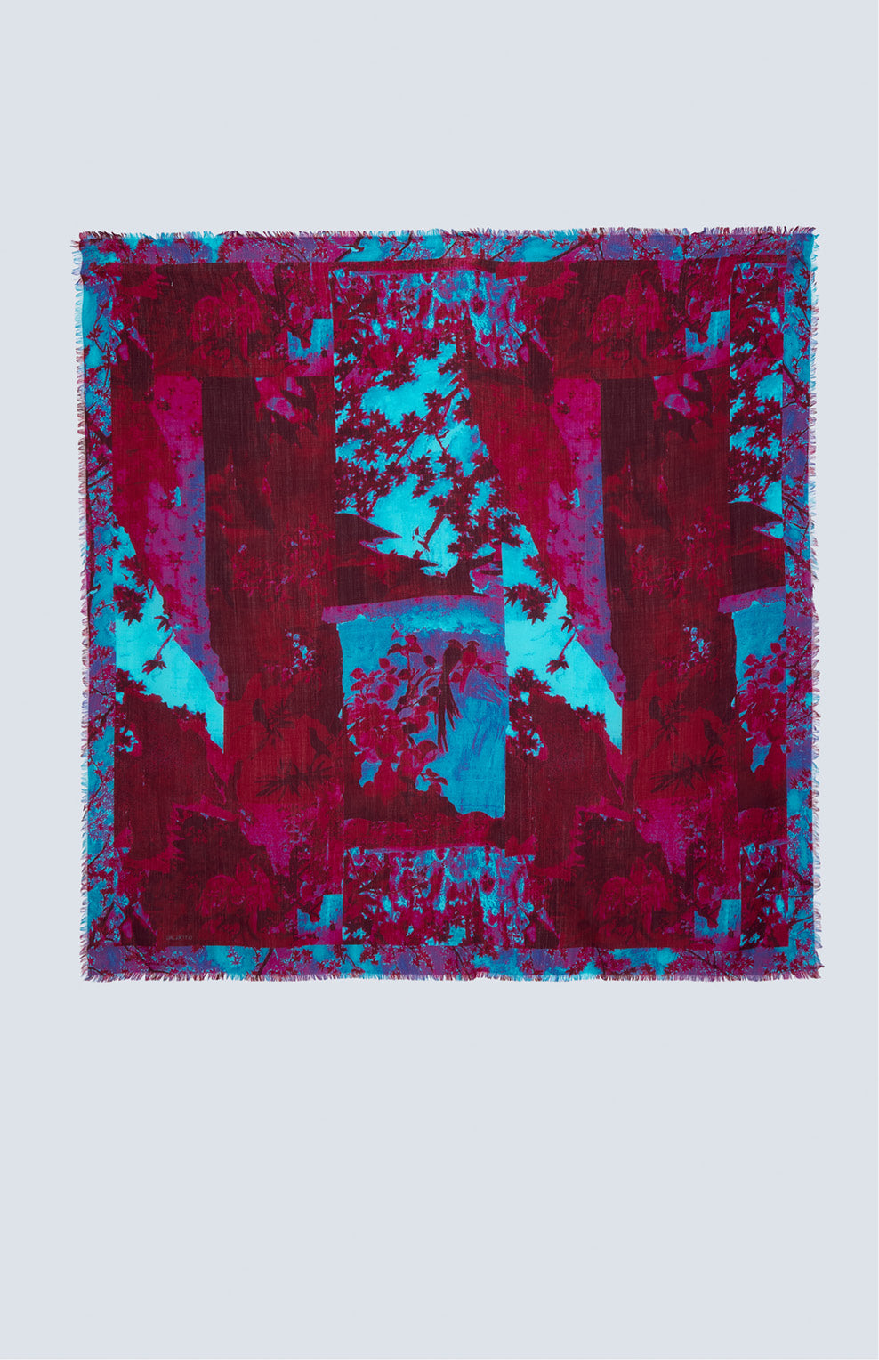 FW25 Pañuelo estampado "PÁJAROS SOBRE PAPEL PINTADO" Cyan Burgundy
