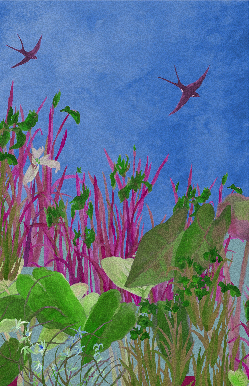 Vestido escote pico con pañuelo estampado "Golondrinas sobrevolando un lago"