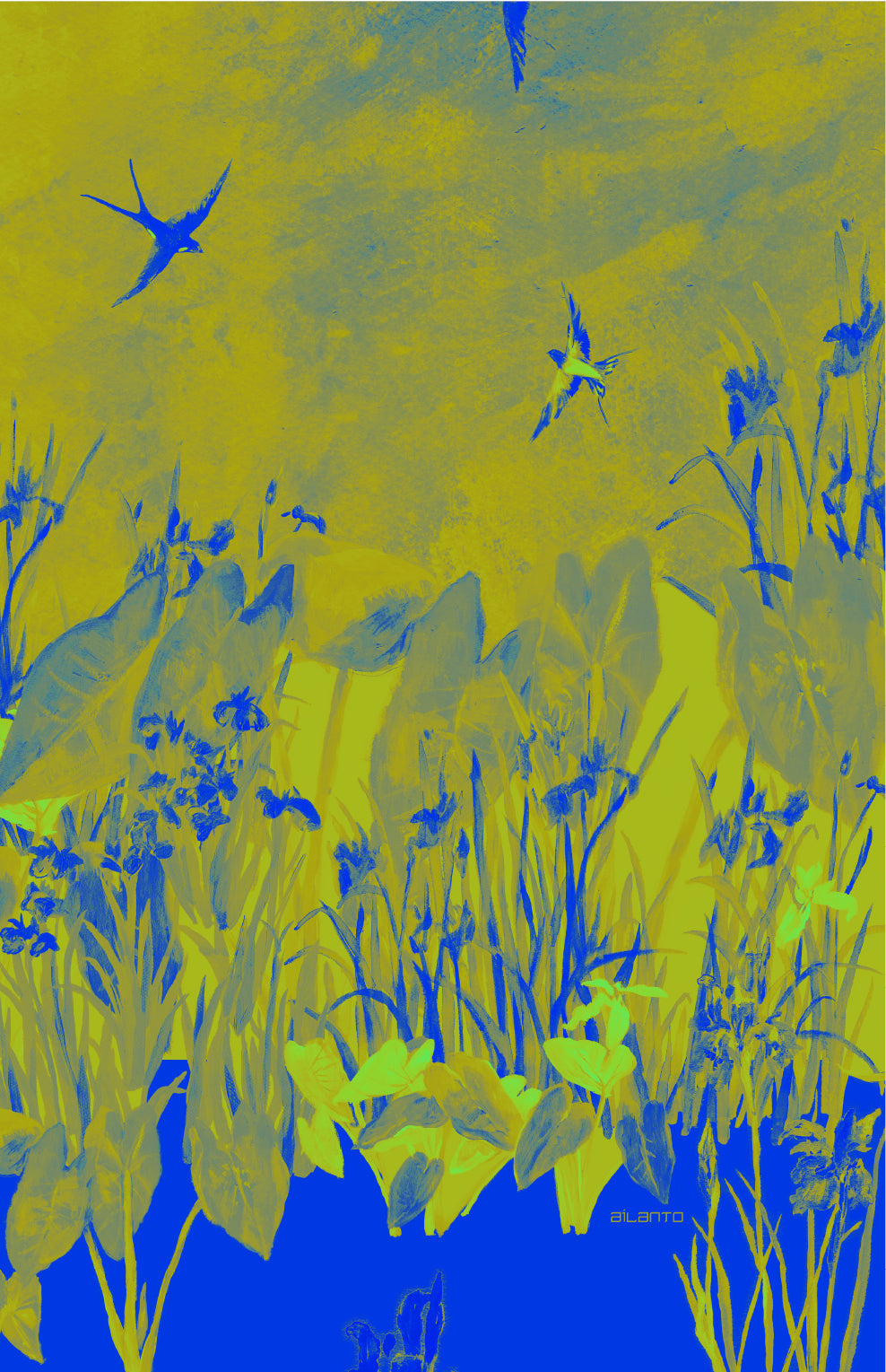 Vestido en seda manga al bies estampado "Golondrinas sobrevolando un lago"